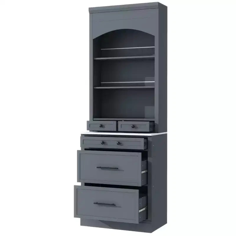 Freestanding Kitchen Pantry Storage Cabinet with Drawers and Shelves, Tall Kitchen Hutch with Faux Marble Top