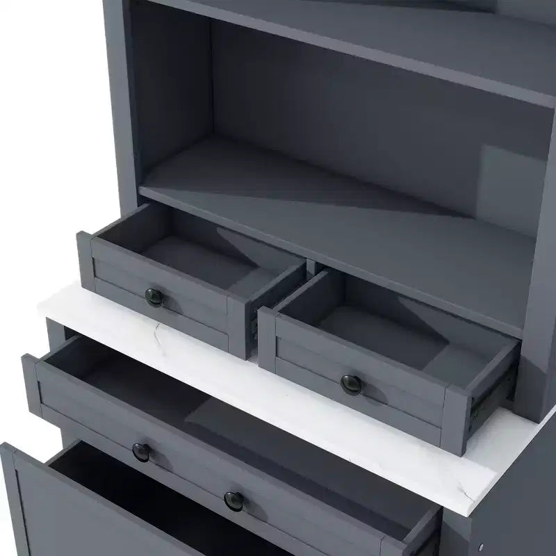 Freestanding Kitchen Pantry Storage Cabinet with Drawers and Shelves, Tall Kitchen Hutch with Faux Marble Top