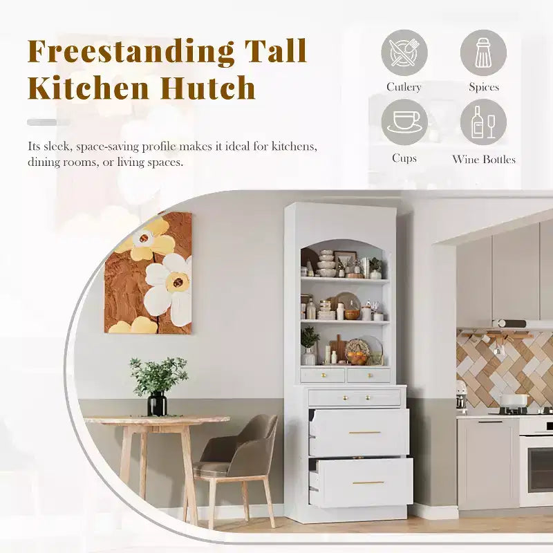Freestanding Kitchen Pantry Storage Cabinet with Drawers and Shelves, Tall Kitchen Hutch with Faux Marble Top