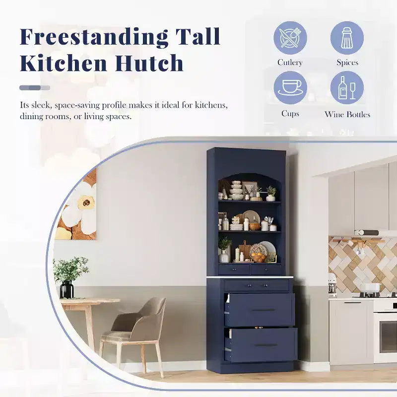 Freestanding Kitchen Pantry Storage Cabinet with Drawers and Shelves, Tall Kitchen Hutch with Faux Marble Top