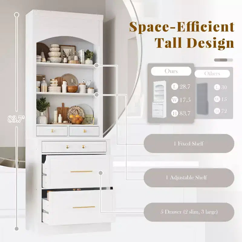 Freestanding Kitchen Pantry Storage Cabinet with Drawers and Shelves, Tall Kitchen Hutch with Faux Marble Top