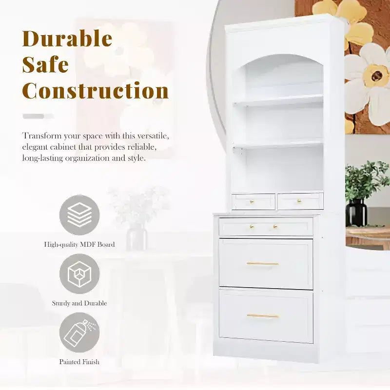 Freestanding Kitchen Pantry Storage Cabinet with Drawers and Shelves, Tall Kitchen Hutch with Faux Marble Top
