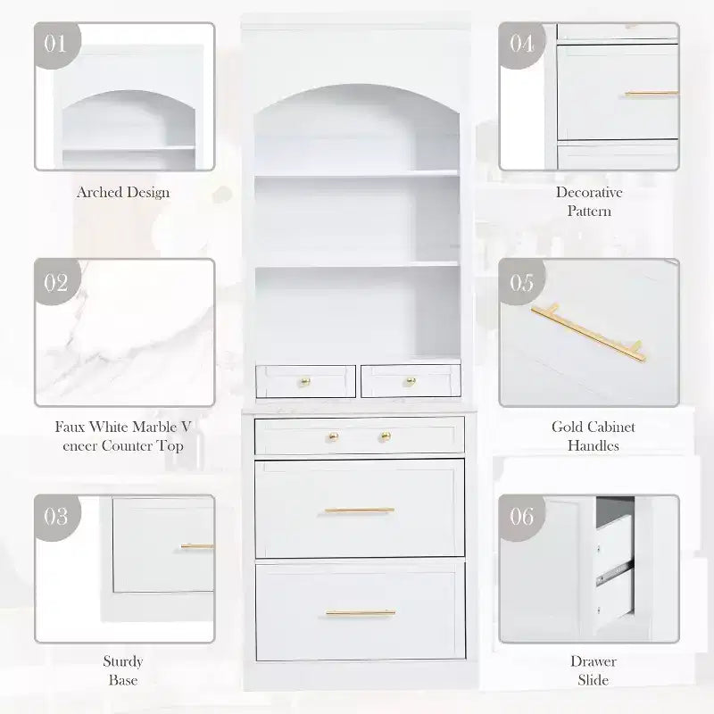 Freestanding Kitchen Pantry Storage Cabinet with Drawers and Shelves, Tall Kitchen Hutch with Faux Marble Top
