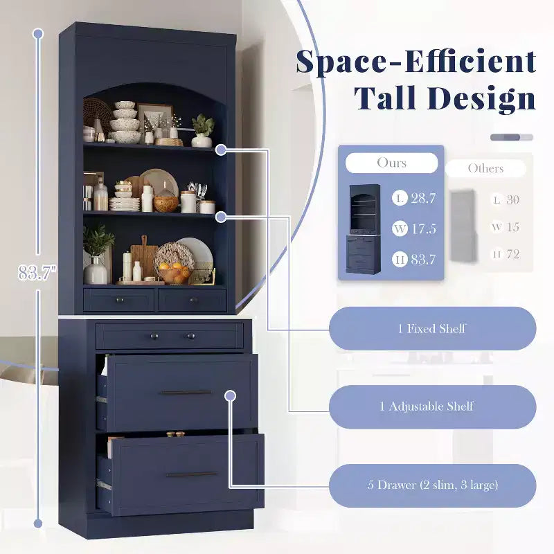 Freestanding Kitchen Pantry Storage Cabinet with Drawers and Shelves, Tall Kitchen Hutch with Faux Marble Top