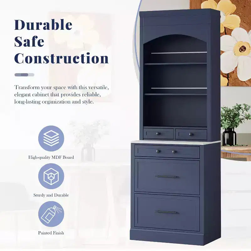 Freestanding Kitchen Pantry Storage Cabinet with Drawers and Shelves, Tall Kitchen Hutch with Faux Marble Top
