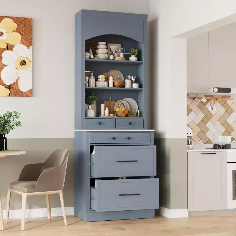 Freestanding Kitchen Pantry Storage Cabinet with Drawers and Shelves, Tall Kitchen Hutch with Faux Marble Top