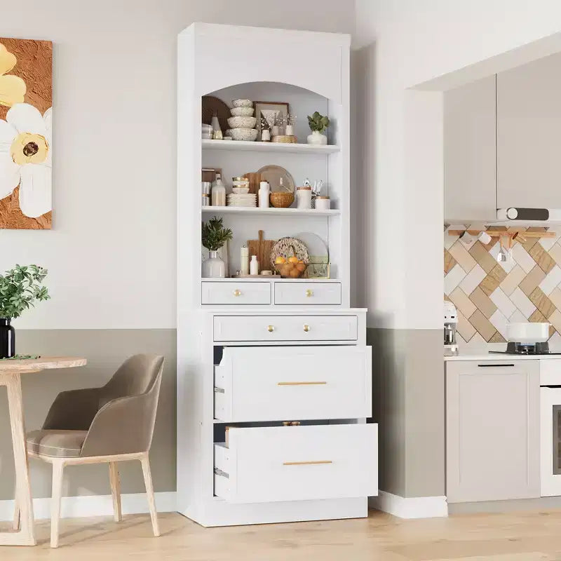 Freestanding Kitchen Pantry Storage Cabinet with Drawers and Shelves, Tall Kitchen Hutch with Faux Marble Top