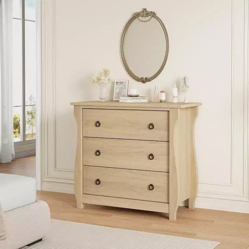 3-Drawer Dresser - Tall Boho Dresser with Curved Legs, Rattan Accents, and Freestanding Storage for Living Room, Bedroom, Entryway, or Balcony