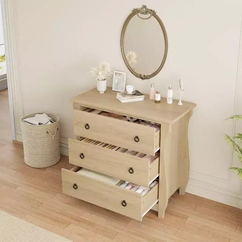 3-Drawer Dresser - Tall Boho Dresser with Curved Legs, Rattan Accents, and Freestanding Storage for Living Room, Bedroom, Entryway, or Balcony