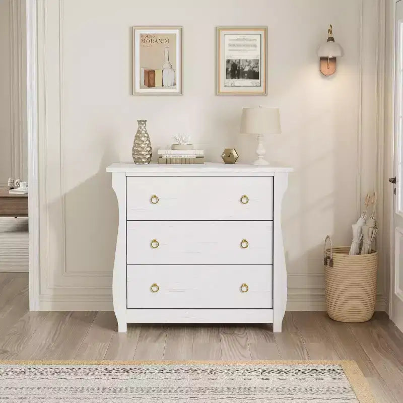 3-Drawer Dresser - Tall Boho Dresser with Curved Legs, Rattan Accents, and Freestanding Storage for Living Room, Bedroom, Entryway, or Balcony