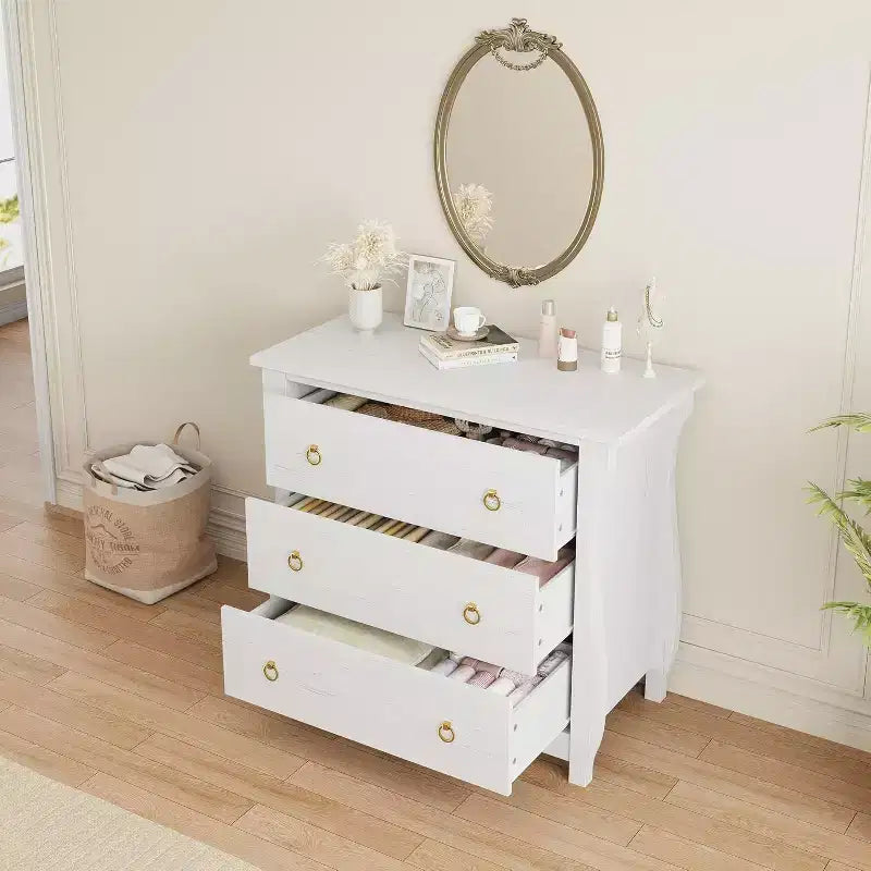 3-Drawer Dresser - Tall Boho Dresser with Curved Legs, Rattan Accents, and Freestanding Storage for Living Room, Bedroom, Entryway, or Balcony