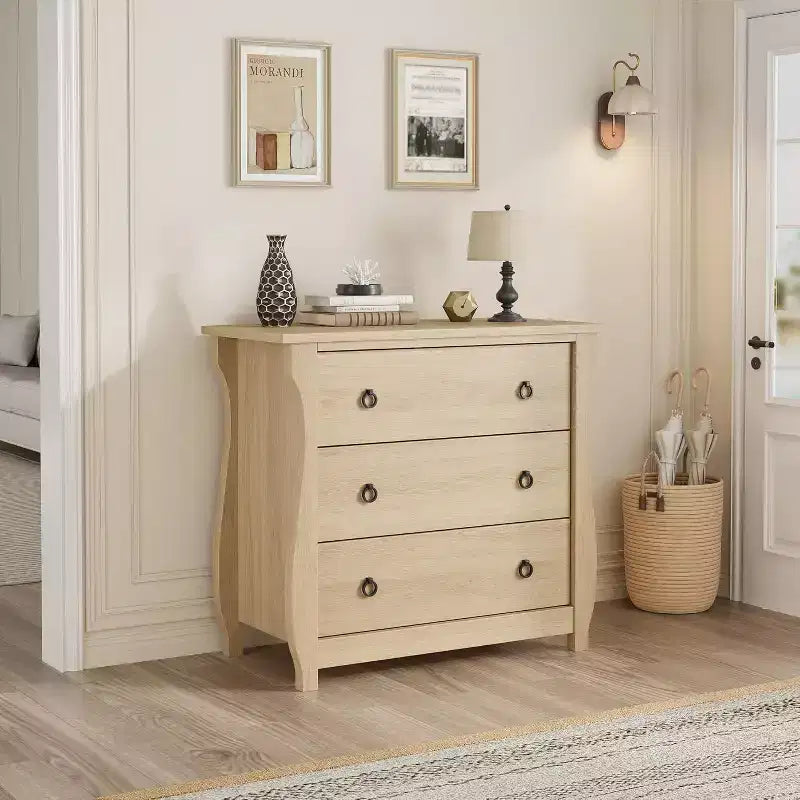 3-Drawer Dresser - Tall Boho Dresser with Curved Legs, Rattan Accents, and Freestanding Storage for Living Room, Bedroom, Entryway, or Balcony