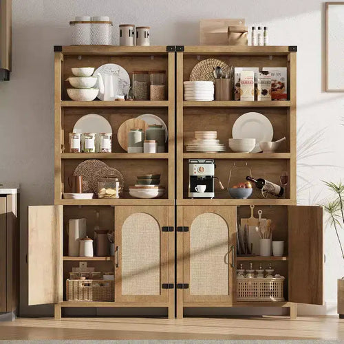 Acekool 3-Tier Bookshelf with Cabinet, Adjustable Shelves and Rattan Doors, 69 Farmhouse Vertical Bookcase, Two Sets
