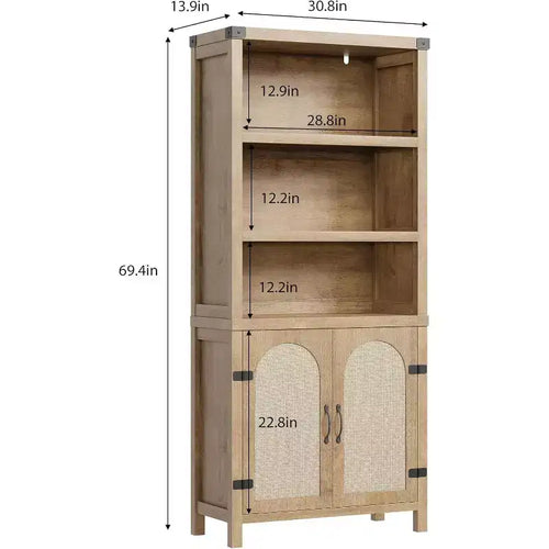 Bibliothèque 3 étages  avec meuble de rangement, étagères réglables et portes en rotin, bibliothèque verticale 69 de style ferme, deux ensembles