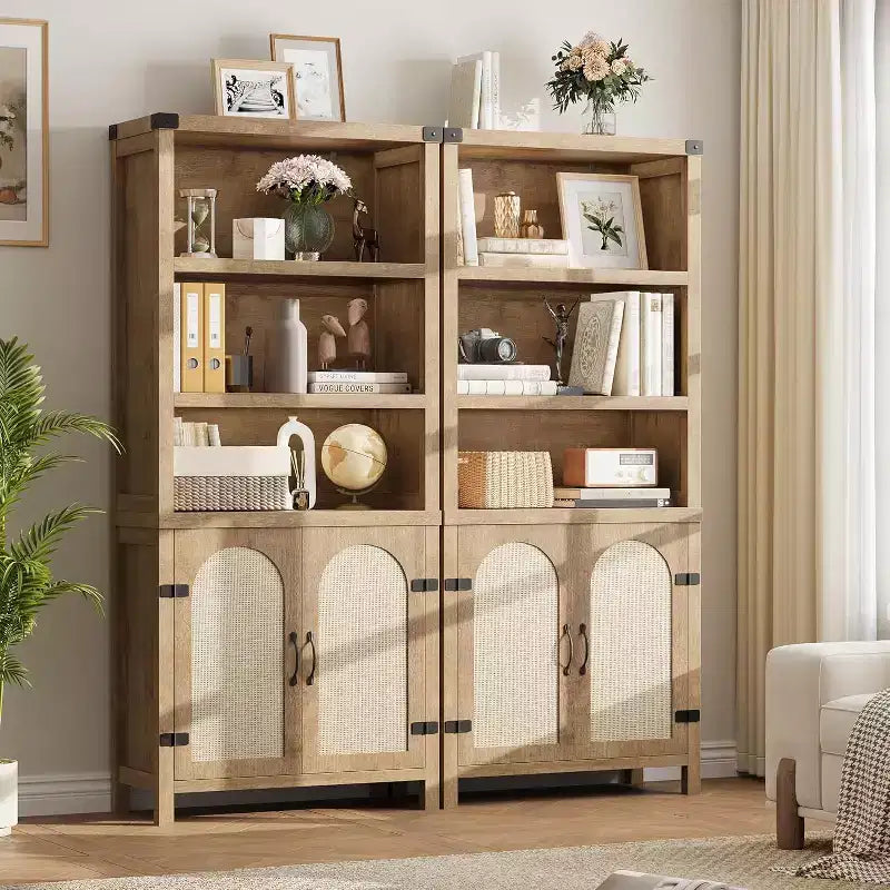 Acekool 3-Tier Bookshelf with Cabinet, Adjustable Shelves and Rattan Doors, 69 Farmhouse Vertical Bookcase, Two Sets