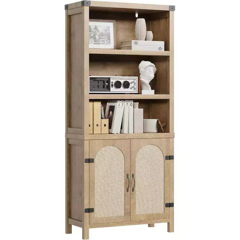 Acekool 3-Tier Bookshelf with Cabinet, Adjustable Shelves and Rattan Doors, 69 Farmhouse Vertical Bookcase, Two Sets