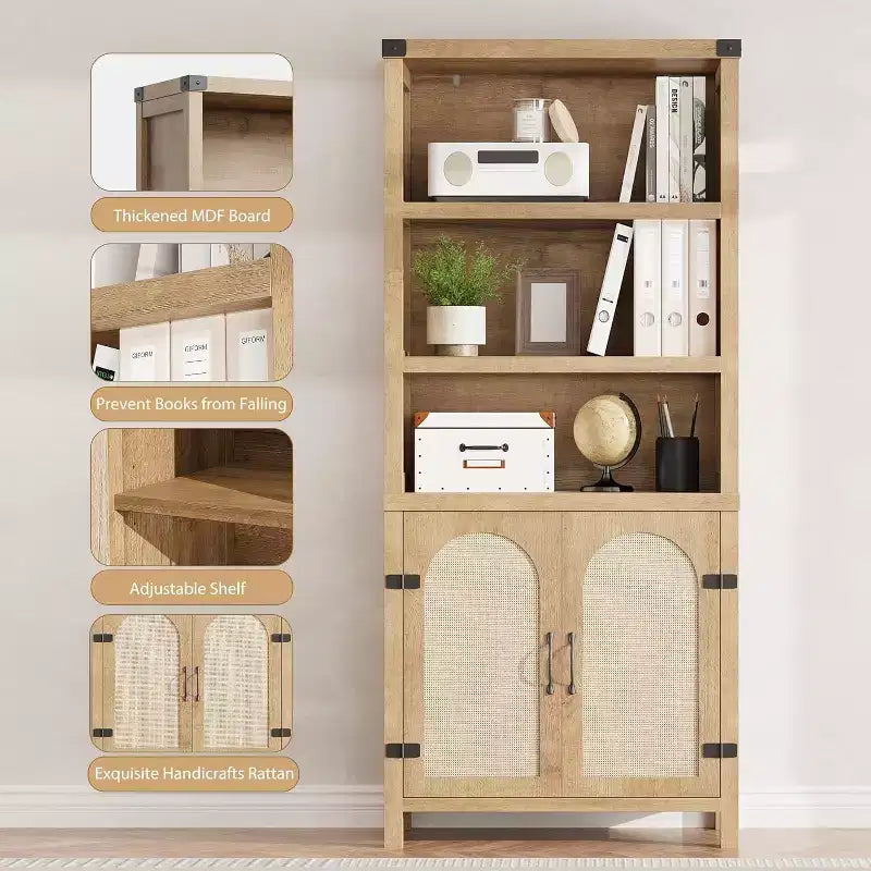 Acekool 3-Tier Bookshelf with Cabinet, Adjustable Shelves and Rattan Doors, 69 Farmhouse Vertical Bookcase, Two Sets
