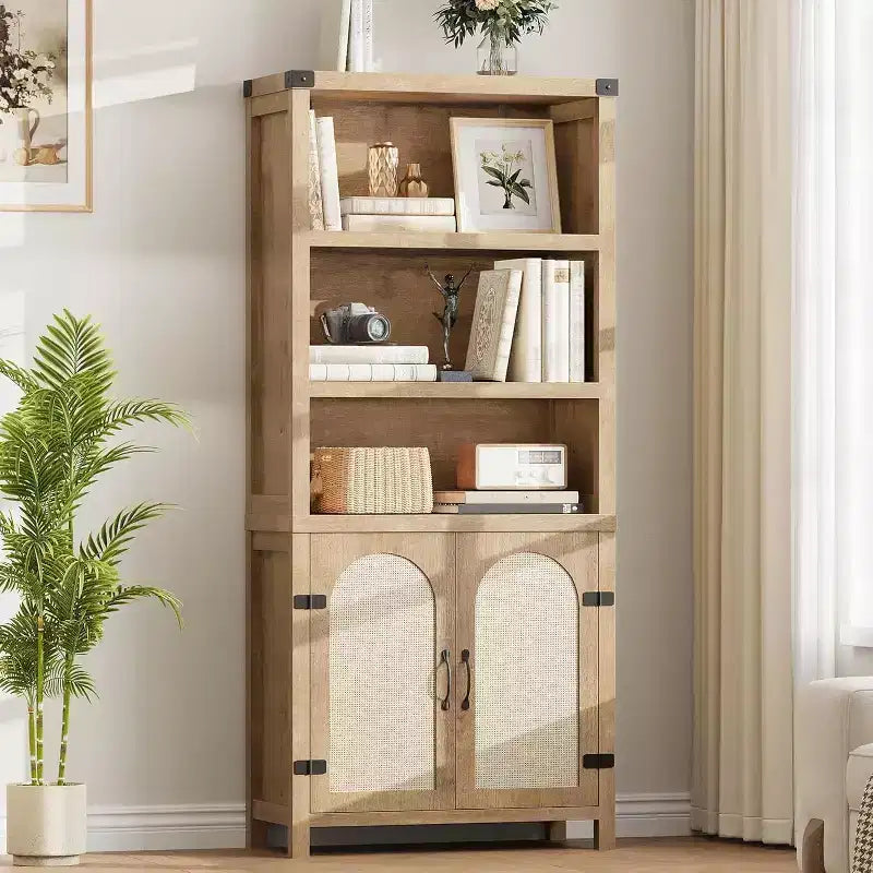 Acekool 3-Tier Bookshelf with Cabinet, Adjustable Shelves and Rattan Doors, 69 Farmhouse Vertical Bookcase, Two Sets
