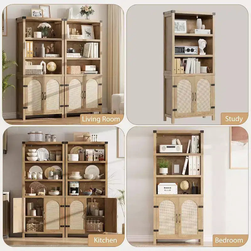 Acekool 3-Tier Bookshelf with Cabinet, Adjustable Shelves and Rattan Doors, 69 Farmhouse Vertical Bookcase, Two Sets