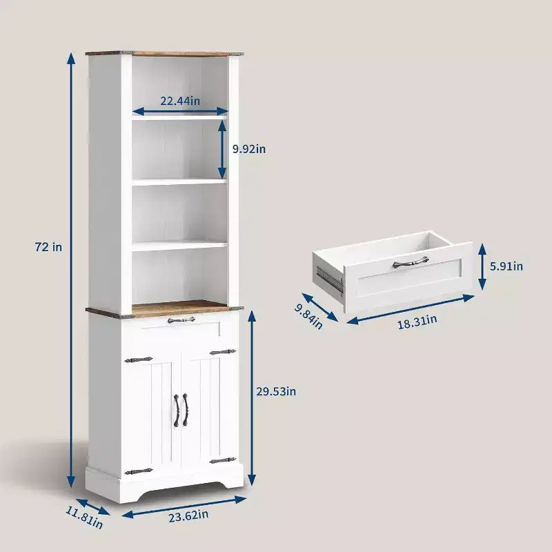 Acekool 4 Tier Farmhouse Bookcase with Doors, White Bookshelf with Drawer Storage Cabinet and Adjustable Shelf, 24 x 12 x 72 Inch