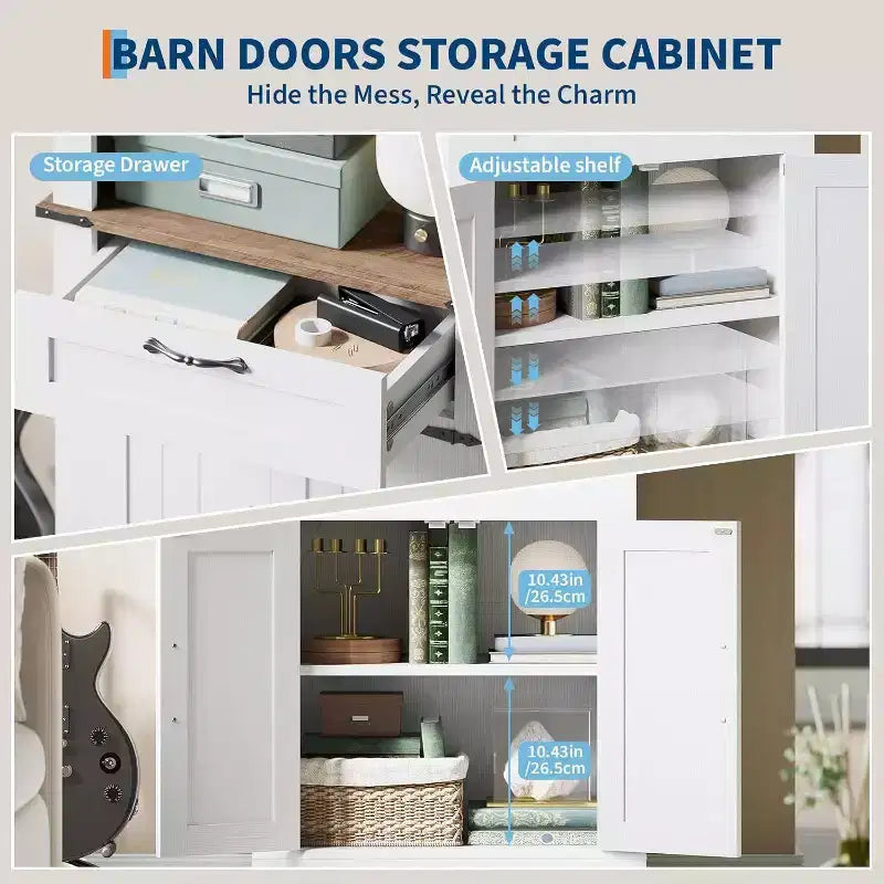 Acekool 4 Tier Farmhouse Bookcase with Doors, White Bookshelf with Drawer Storage Cabinet and Adjustable Shelf, 24 x 12 x 72 Inch