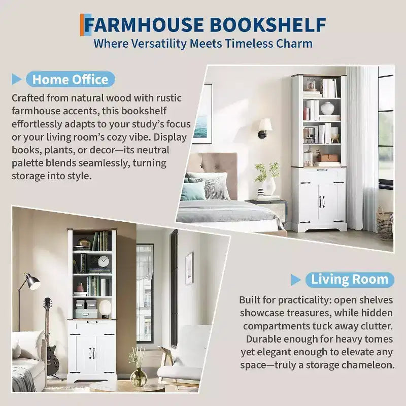 Acekool 4 Tier Farmhouse Bookcase with Doors, White Bookshelf with Drawer Storage Cabinet and Adjustable Shelf, 24 x 12 x 72 Inch