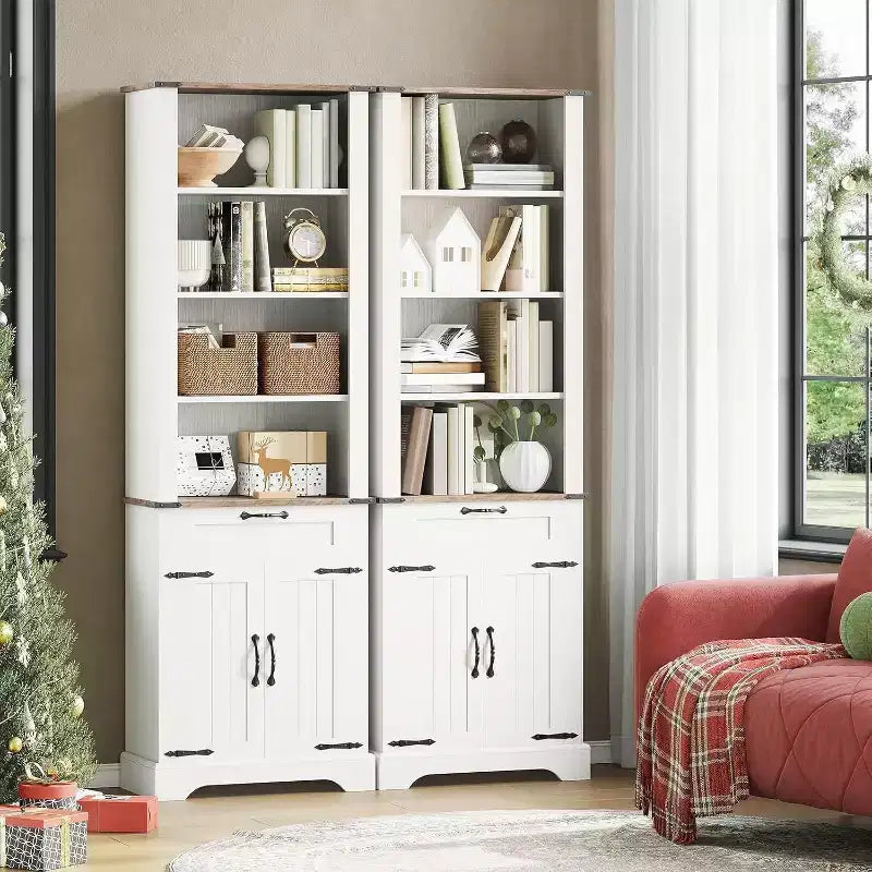 Acekool 4 Tier Farmhouse Bookcase with Doors, White Bookshelf with Drawer Storage Cabinet and Adjustable Shelf, 24 x 12 x 72 Inch