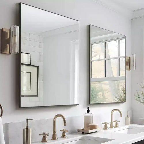 2 Pieces 38 In.H x 26 In.W Black Aluminum Alloy Fine Edged Rectangular Hanging Mirror Frame Wall Mirror