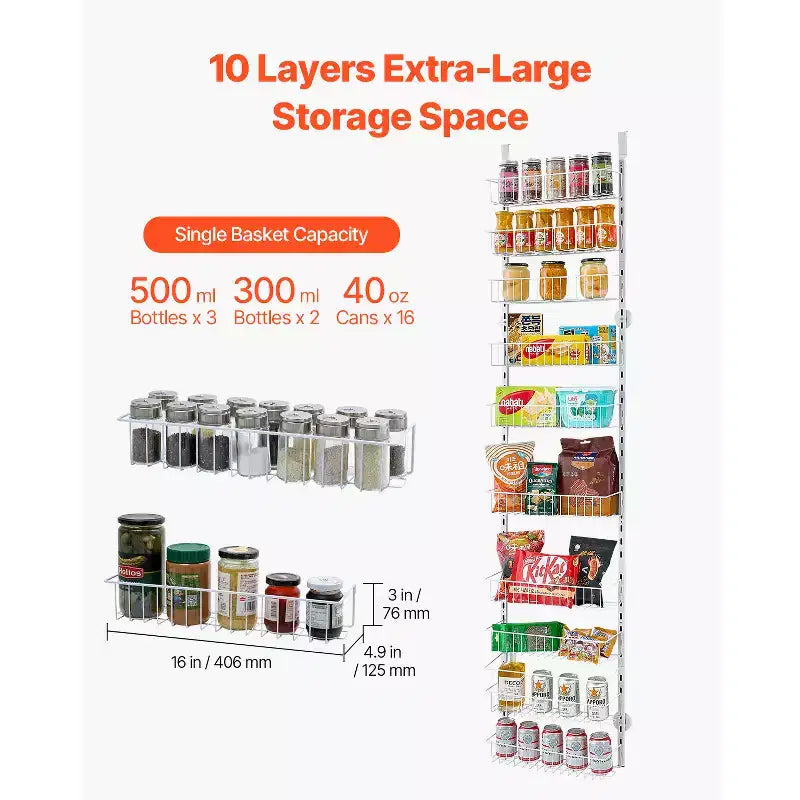 VEVOR Over the Door Pantry Organizer, 10-Tier Pantry Organization and Storage, Heavy-Duty Steel Hanging Spice Rack, White