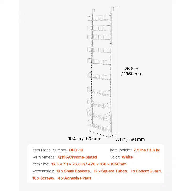 VEVOR Over the Door Pantry Organizer, 10-Tier Pantry Organization and Storage, Heavy-Duty Steel Hanging Spice Rack, White