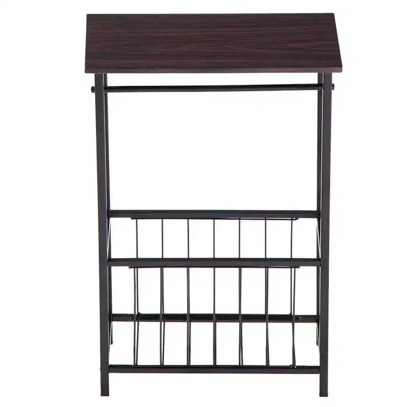 Disassembled and Assembled Dark Coffee-colored Density Board Tabletop, Black Powder-coated Iron Frame, Rectangular Side Table
