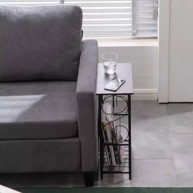 Disassembled and Assembled Dark Coffee-colored Density Board Tabletop, Black Powder-coated Iron Frame, Rectangular Side Table