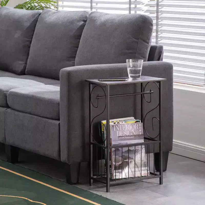Disassembled and Assembled Dark Coffee-colored Density Board Tabletop, Black Powder-coated Iron Frame, Rectangular Side Table
