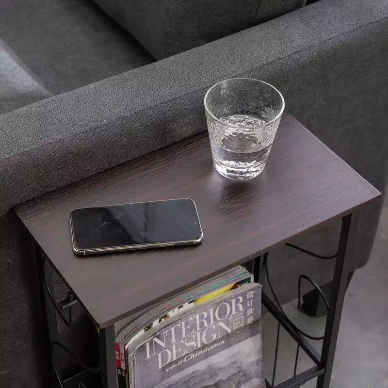 Disassembled and Assembled Dark Coffee-colored Density Board Tabletop, Black Powder-coated Iron Frame, Rectangular Side Table