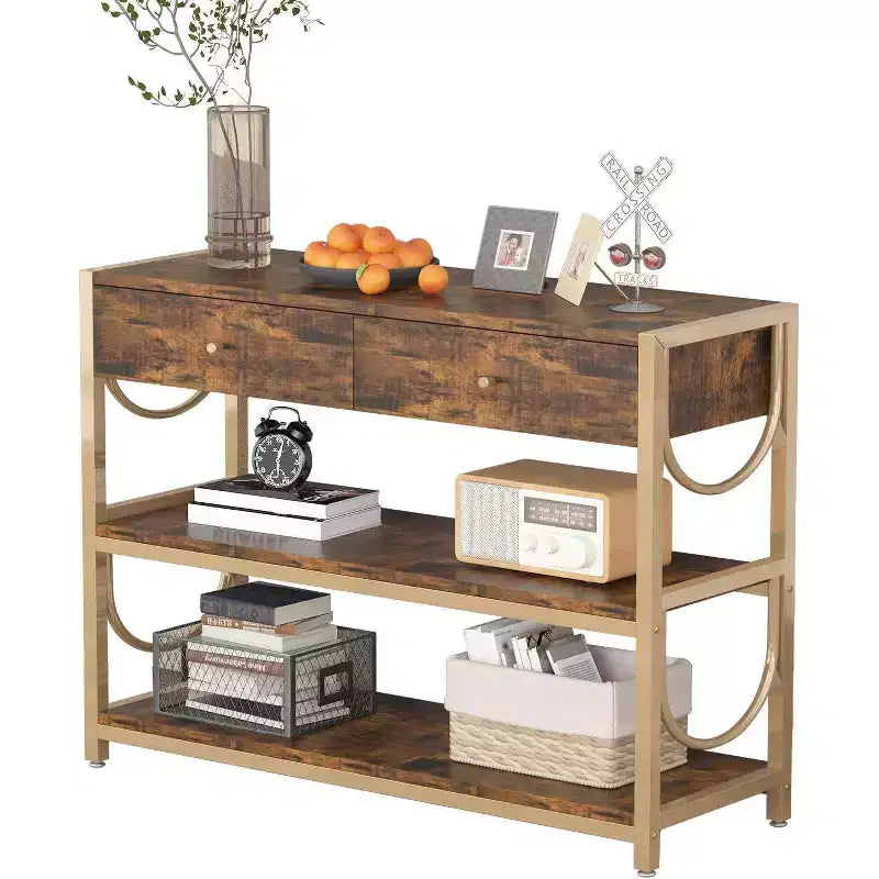 Golden U-Shaped Console Table, Ottoman-Style Entryway Rack with Decorative Damascus Steel Accents, Elegant Storage Solution for Hallway and Foyer