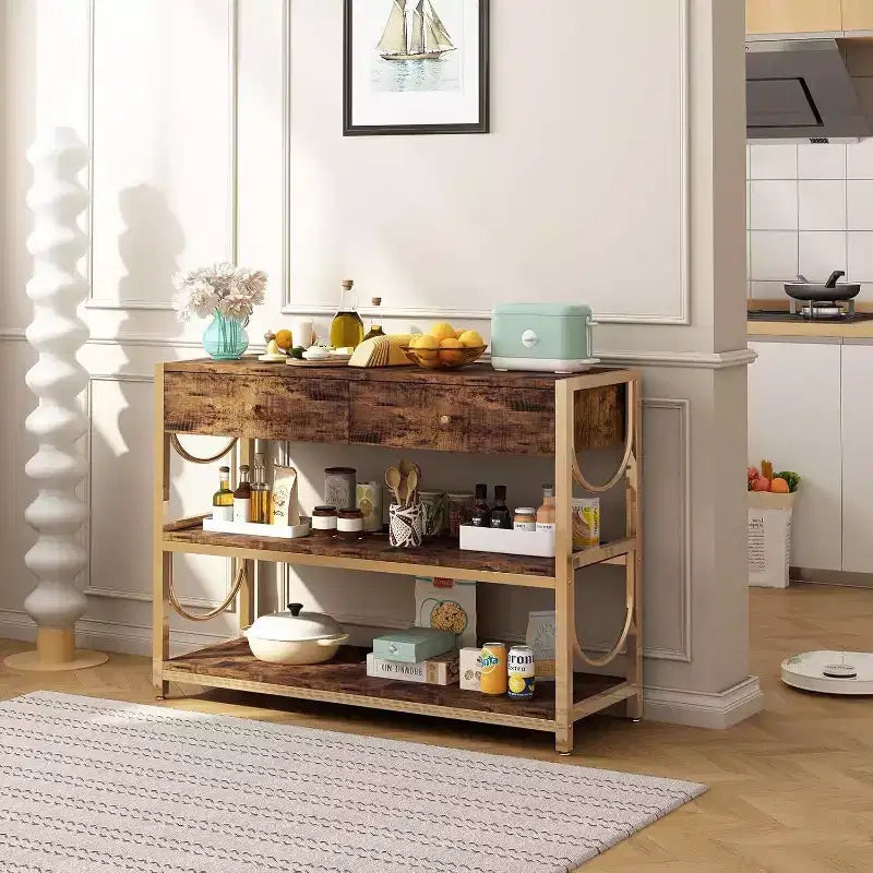 Golden U-Shaped Console Table, Ottoman-Style Entryway Rack with Decorative Damascus Steel Accents, Elegant Storage Solution for Hallway and Foyer