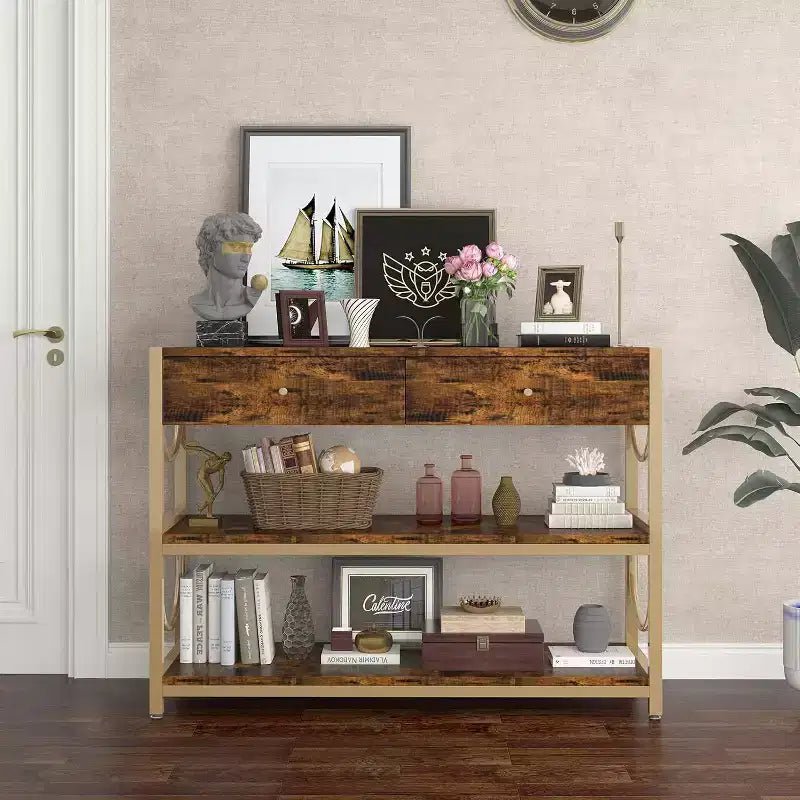 Golden U-Shaped Console Table, Ottoman-Style Entryway Rack with Decorative Damascus Steel Accents, Elegant Storage Solution for Hallway and Foyer