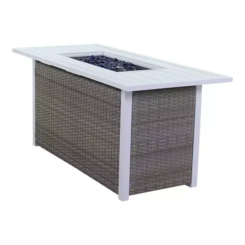 Ensemble de 5 pièces pour foyer rectangulaire Courtyard Casual Santa Fe avec chaises berçantes pivotantes en osier Comprend un foyer rectangulaire et quatre chaises berçantes pivotantes en osier