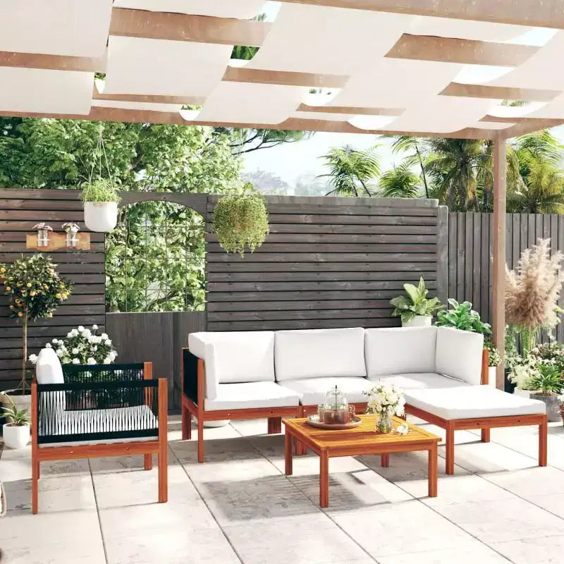 vidaXL Salon de jardin en bois d'acacia avec coussins – Crème – Idéal pour jardin, terrasse et salon – Comprend un canapé, un fauteuil, un repose-pieds, une table
