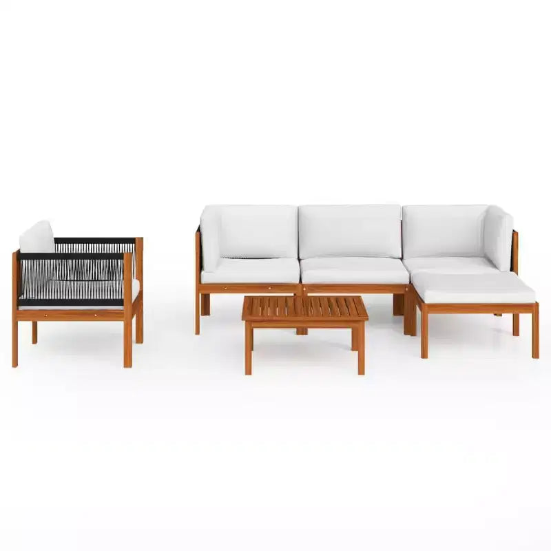 vidaXL Salon de jardin en bois d'acacia avec coussins – Crème – Idéal pour jardin, terrasse et salon – Comprend un canapé, un fauteuil, un repose-pieds, une table