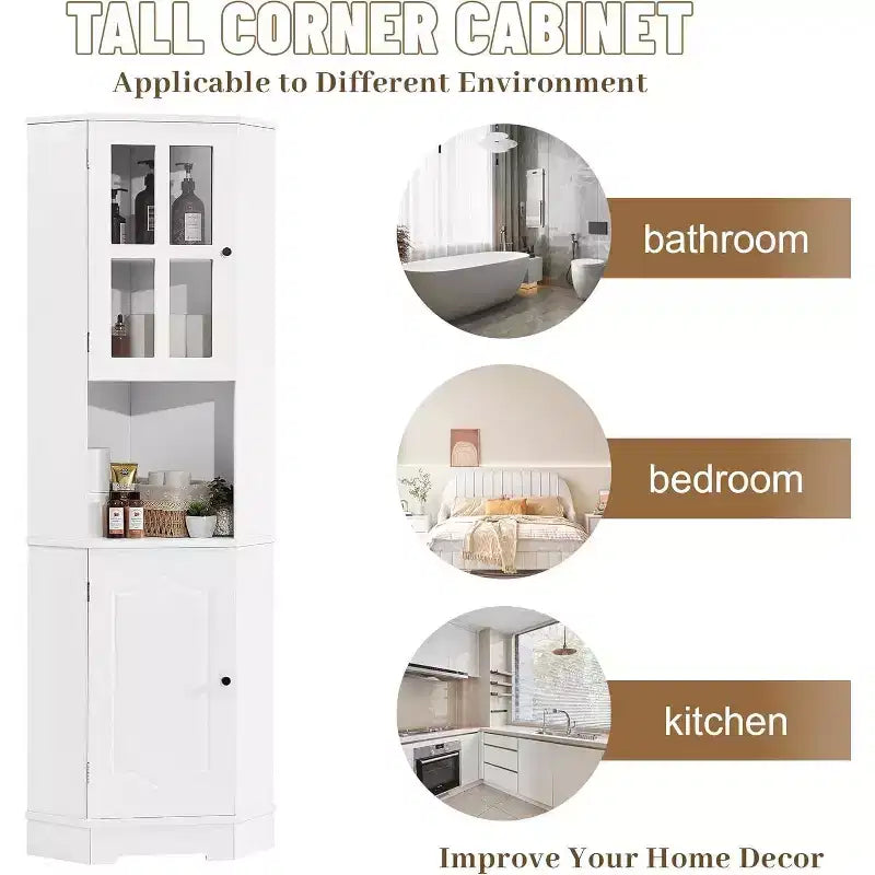 MDF Bathroom Corner Cabinet with Glass Doors, Open & Closed Storage, Adjustable Shelves, Anti-Tip Design, Space-Saving Right Angle, White