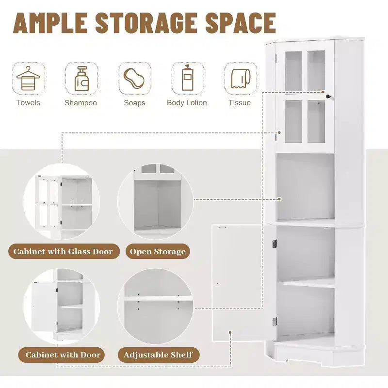 MDF Bathroom Corner Cabinet with Glass Doors, Open & Closed Storage, Adjustable Shelves, Anti-Tip Design, Space-Saving Right Angle, White
