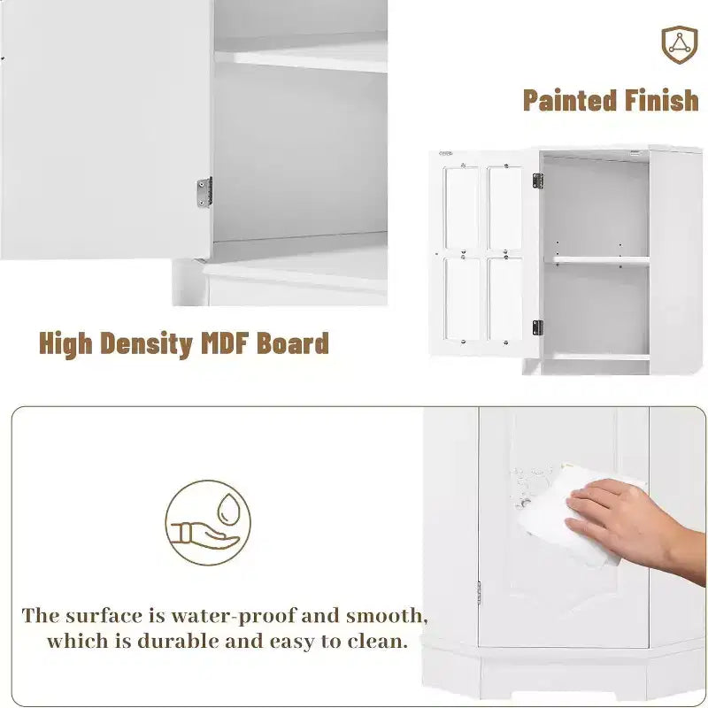 MDF Bathroom Corner Cabinet with Glass Doors, Open & Closed Storage, Adjustable Shelves, Anti-Tip Design, Space-Saving Right Angle, White