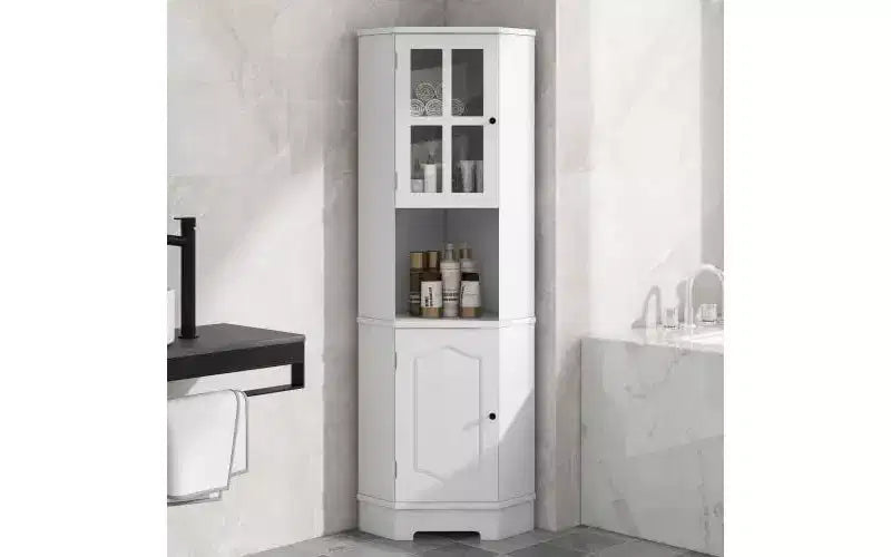 MDF Bathroom Corner Cabinet with Glass Doors, Open & Closed Storage, Adjustable Shelves, Anti-Tip Design, Space-Saving Right Angle, White