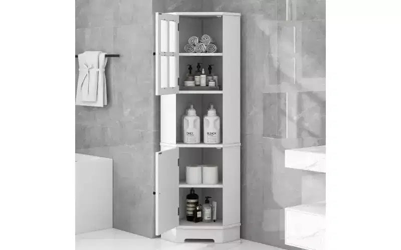 MDF Bathroom Corner Cabinet with Glass Doors, Open & Closed Storage, Adjustable Shelves, Anti-Tip Design, Space-Saving Right Angle, White