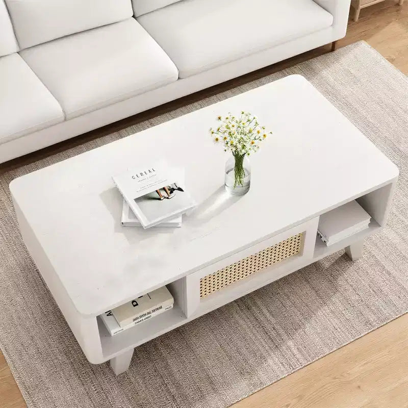 MAYEERTY 44in White Modern Square Wooden Coffee Table With Rattan Drawer for Living Room