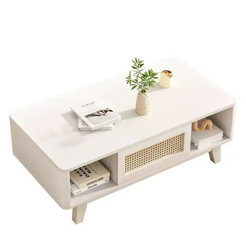 MAYEERTY 44in White Modern Square Wooden Coffee Table With Rattan Drawer for Living Room