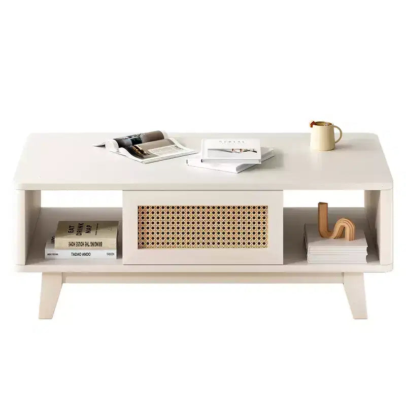 MAYEERTY 44in White Modern Square Wooden Coffee Table With Rattan Drawer for Living Room