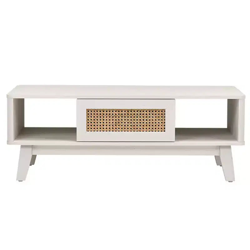 MAYEERTY 44in White Modern Square Wooden Coffee Table With Rattan Drawer for Living Room