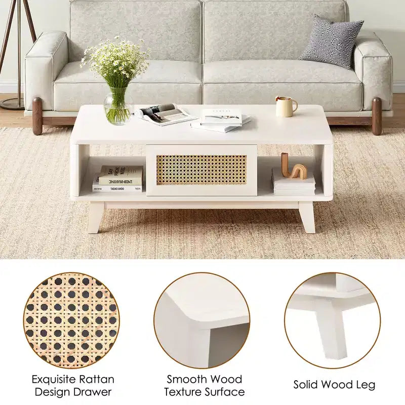 MAYEERTY 44in White Modern Square Wooden Coffee Table With Rattan Drawer for Living Room